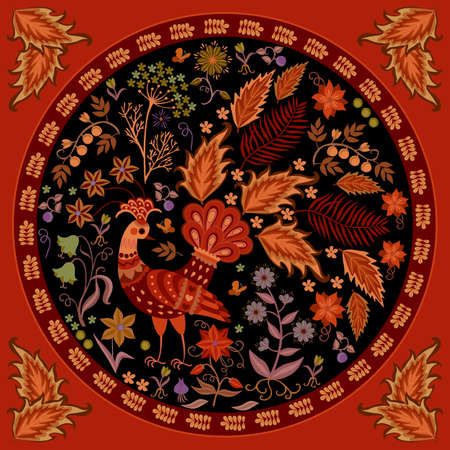 Round composition for a plate, pillow, bag with a fabulous peacock, flowers, leaves, berries, bulbs, roots isolated on a black background in vector. Decorative frame made of leaves. Russian folklore motifs.のイラスト素材
