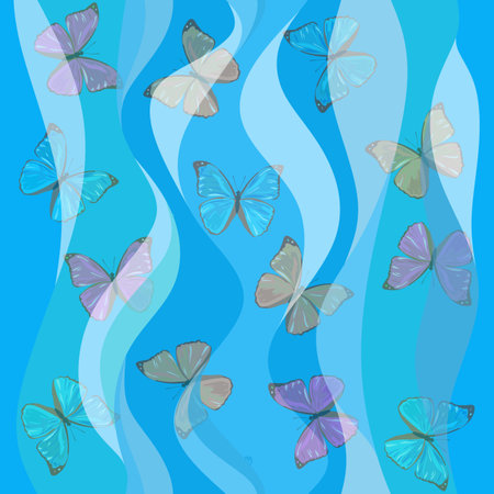 Beautiful flowing ornament with colorful fluttering butterflies on a blue background in vector. Excellent seamless print for fabric on a swimsuit, sundress.のイラスト素材