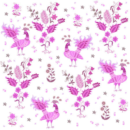 Romantic seamless print for fabric with bright pink fairy peacocks, bouquets of flowers and small paisleys on a white background in vector.のイラスト素材