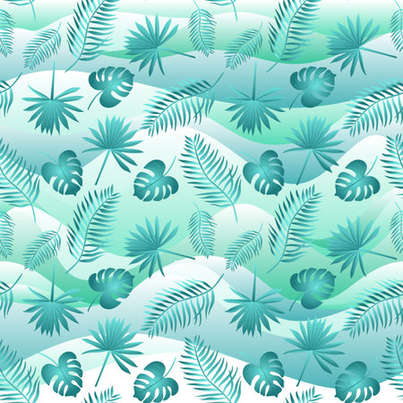 Seamless exotic print for fabric, wallpaper with a variety of palm leaves on a background of greenish waves in vector. natural pattern. Hawaiian motifs.のイラスト素材