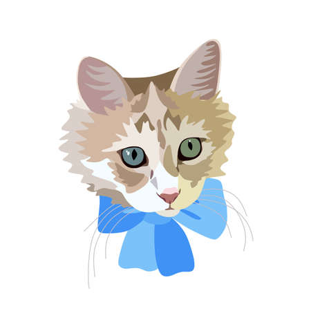 Beautiful detailed realistic color portrait of a fluffy ginger cat with green eyes in vector. A blue bow is tied around the neck. Cat head drawing isolated on white background.のイラスト素材