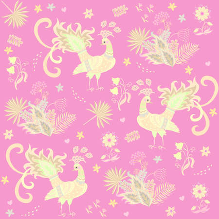 Light yellow natural ornament of fabulous peacocks, palm leaves, flowers, hearts, small spots on a blush pink background in vector. Seamless animal print for fashion fabric, wallpaper.のイラスト素材