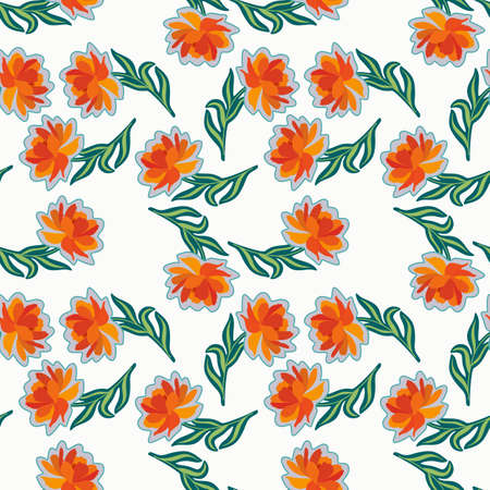 Cute floral ornament with orange cosmos flowers isolated on a white cotton background. Imitation of embroidery. Seamless print for fabric in vintage style.のイラスト素材
