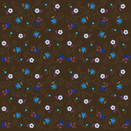 Intricate floral ornament with swirls and small flowers on a brown background in wood shade in vector. Seamless romantic natural print for fabric.のイラスト素材