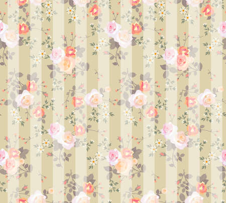 Seamless romantic print for fabric with bouquets of roses on a light green background with white translucent stripes over the pattern. vector illustration.のイラスト素材