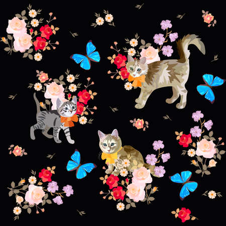 Collection of prints for T-shirt with symbols of Chinese New Year 2023. Cats and bouquets of roses, as well as large blue butterflies isolated on black background. Seamless pattern for fabric.のイラスト素材