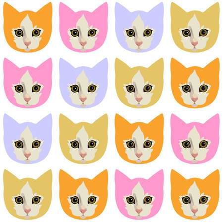 Funny seamless pattern with multi-colored portraits of cats with a white spot in the form of a maple leaf on the muzzle. Symbols of Chinese New Year 2023. Fashion print for fabric.のイラスト素材