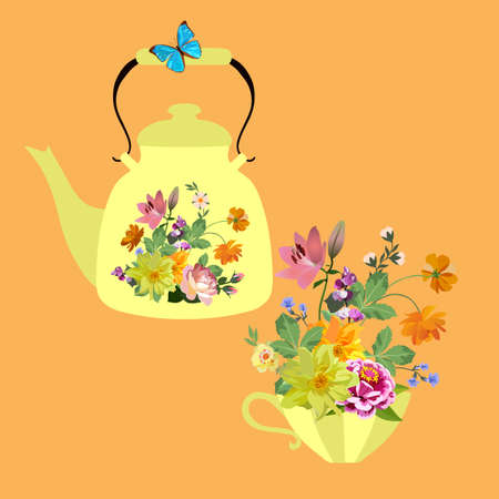 Beautiful yellow teapot decorated with a painting with flowers and a cup with a bouquet of garden flowers on an orange background in vector. Place for text. teatime. design elements.のイラスト素材