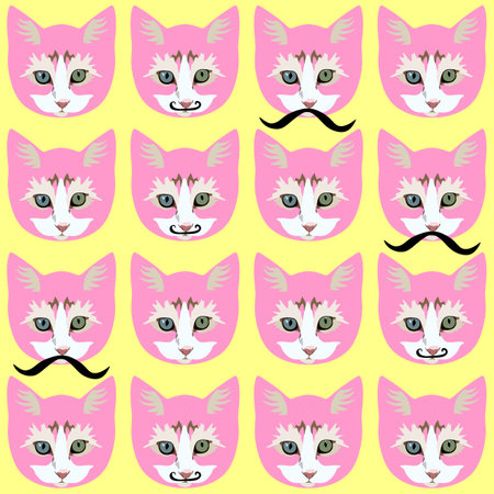 Seamless animal pattern with funny mustachioed cat faces isolated on yellow background in vector. Natural print for fabric.のイラスト素材