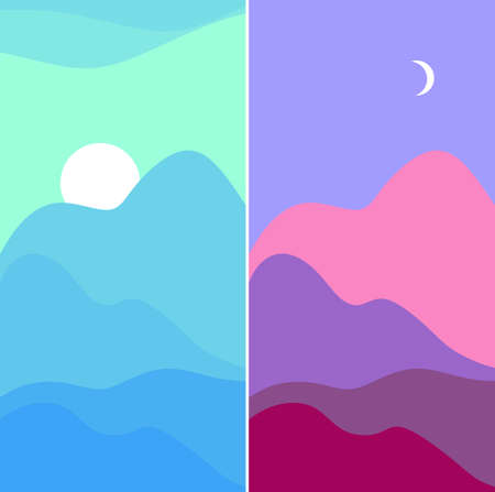 Collection of vector abstract mountain landscapes in blue, pink and purple colors. Mountains in light of sun during the day and in light of moon at night. Posters, cards, package design.のイラスト素材