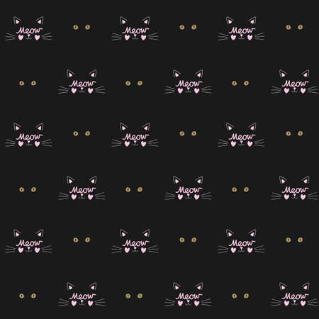 Funny seamless pattern with abstract cat faces with the inscription Meow and green cat eyes sparkling in the night on a black background in vector.のイラスト素材