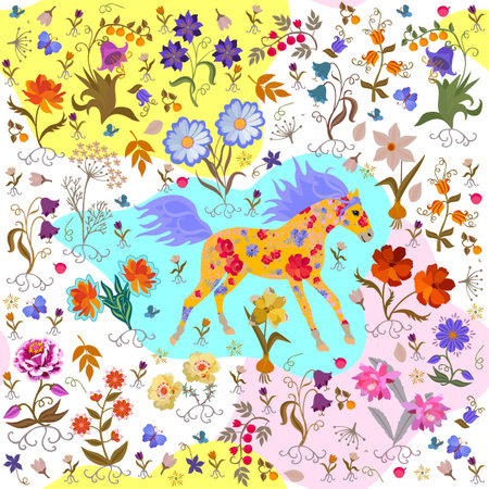 A fabulous orange horse with a floral pattern on its body and a fluttering light purple mane gallops among the flowers. Magical seamless patchwork print full of joy.のイラスト素材