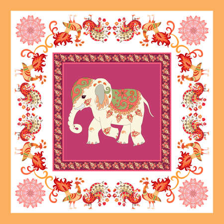 A beautiful handkerchief, pocket, carpet with fabulous peacocks forming a decorative frame, mandalas, paisley and a cute cartoon elephant in vector. Indian, Thai motifs. ethnic style.のイラスト素材