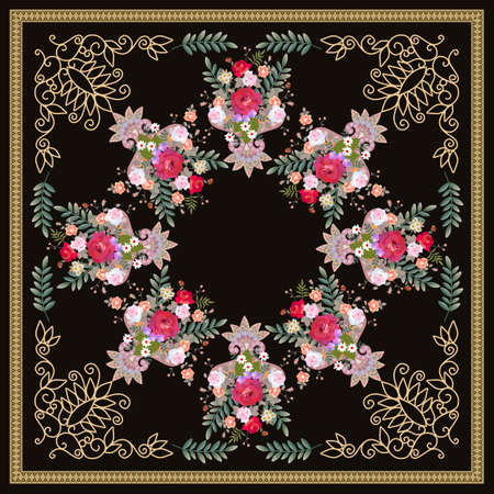 A beautiful scarf with bouquets of roses and daisies, a decorative frame and a paisley pattern on a...