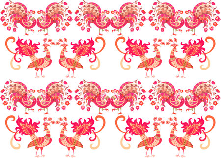 Beautiful seamless ornament with bright fabulous peacocks on a white background. Ethnic Indian, Turkish motifs. Animal print for fabric, wallpaper.のイラスト素材