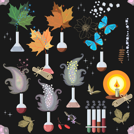 Fabulous seamless ornament with test tubes and flasks in which unusual chemical reactions take place with the synthesis of living matter. Medieval scrolls, candles, minerals on a black background.のイラスト素材