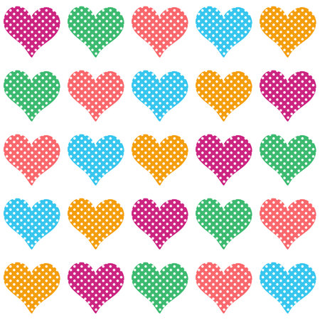 Seamless print with multicolored polka dot hearts isolated on white background in vector.のイラスト素材