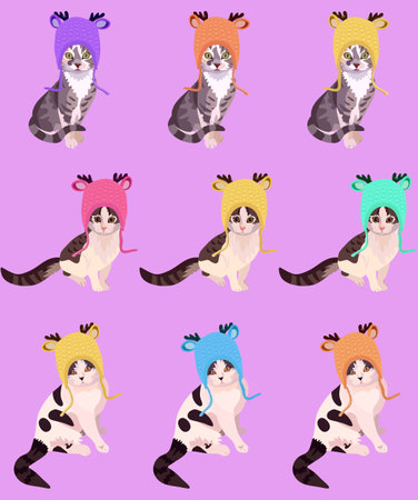Vector seamless pattern with fashionista pussycats in knitted hats on a purple lavender background. Great print for children's fabric with symbols of the Chinese year of the cat.のイラスト素材