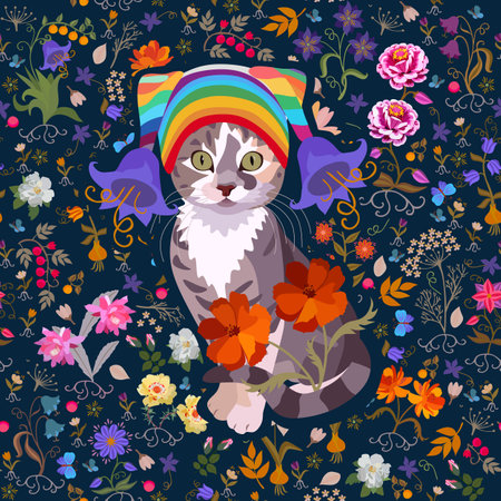 Kitty fashionista in knitted hat with pom-poms in form of bell flowers in front of flower bed on dark blue background. Seamless fabric print, pillow, napkin with symbol of Chinese year of the cat.のイラスト素材