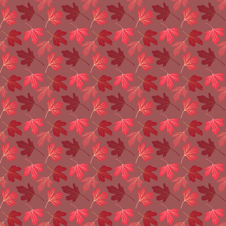 Burgundy and pink autumn leaves of golden currant on a soft brown background in the color of cocoa with milk in vector. Seamless print for fabric.のイラスト素材