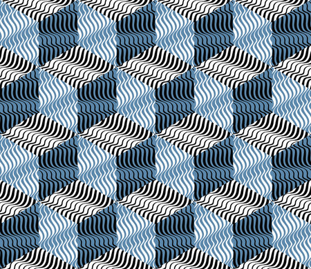 Abstract geometric ornament, consisting of cubes with a wavy pattern in black, white and blue tones on the faces. Seamless print for fabric.のイラスト素材