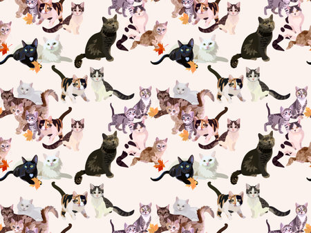 Seamless pattern with a group of cats of different breeds on a white background in vector. Print for textiles, bed linen with symbols of the Chinese year of the cat, 2023.のイラスト素材