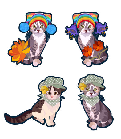 A wonderful collection of badges with fashionable pussycats in beautiful hats isolated on a white background in vector. Symbols of the Chinese year of the cat.のイラスト素材
