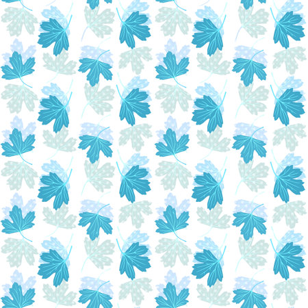 Elegant print with blue leaves of golden currant on a polka dot background in vector. Seamless delicate natural ornament. Fashionable pattern for fabric.のイラスト素材