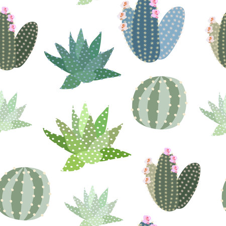 Seamless natural print for fabric, wallpaper with cute cactuses on a white background in vector.