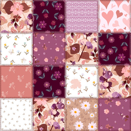 Seamless natural square patchwork pattern with flowers, leaves and paisley in purple, pink and white color scheme. Fashionable summer print for fabric.のイラスト素材