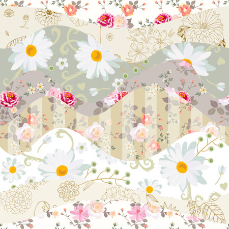 Beautiful seamless patchwork pattern from wavy patches with flowers. fabric printのイラスト素材