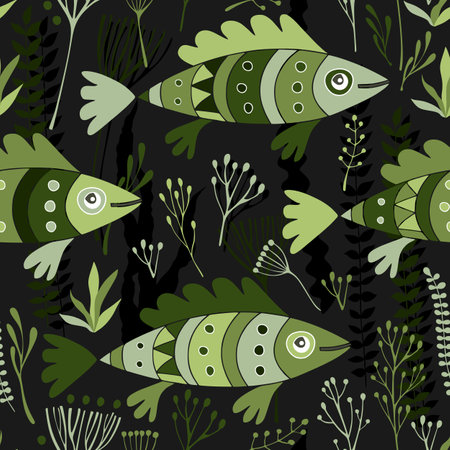 Green fish and seaweed in dark water. vector seamless pattern.のイラスト素材
