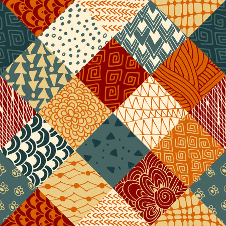 Seamless patchwork pattern in boho style. Print for fabric with colorful ornament.のイラスト素材