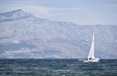 Sailing boat floating on the Adriatic Sea in Croatiaの写真素材