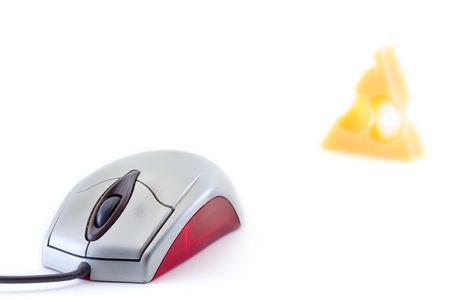 Mouse and a piece of cheese against white backgroundの写真素材