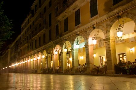 Liston street at night on Corfu island, Greeceの写真素材