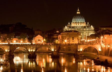 St. Peter's Basilica and a bridge on Tiber River, Rome Italyの写真素材