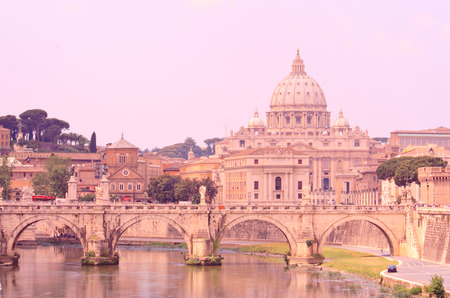 St. Peter's Basilica and a bridge on Tiber River, Rome Italyの写真素材