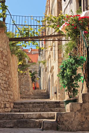 A view of a narrow alley, Croatiaの写真素材