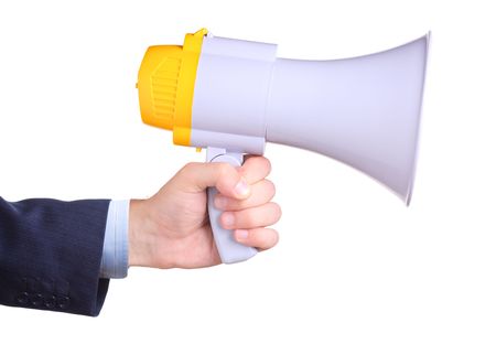 Businessman holding a megaphone isolated on white backgroundの写真素材