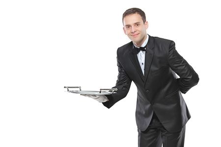Young person holding a tray isolated on white backgroundの写真素材