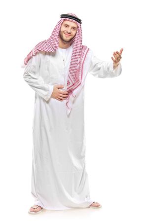 An arab person welcoming isolated on white background An arab person welcoming isolated on white background