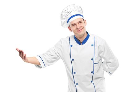 A chef welcoming isolated on whiteの写真素材