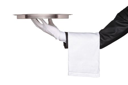 A hand holding a silver tray isolated on white backgroundの写真素材