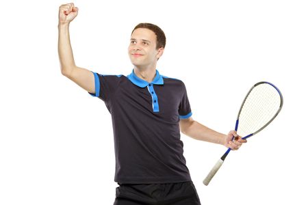 A happy squash player celebrating a score isolated on white backgroundの写真素材