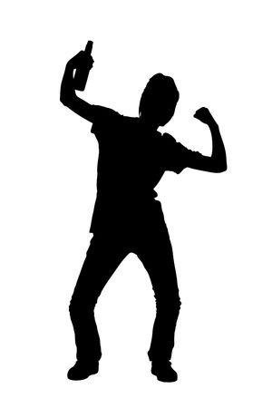 A silhouette of a happy female sport fan with a beer isolated on white backgroundの写真素材