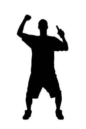A silhouette of a male sport fan with a beer bottle isolated on white backgroundの写真素材