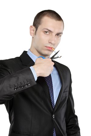 A man cutting a cigarette with scissors isolated on white backgroundの写真素材