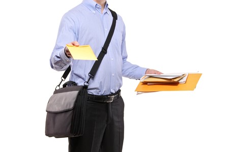 A postman delivering mail isolated on white background