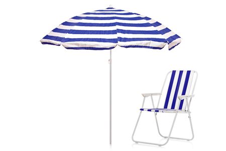 A view of an umbrella and chair isolate on white backgroundの写真素材
